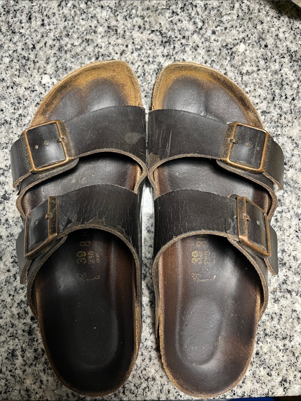 Birkenstock Dark Brown Double Strap Buckle Slide Sandals